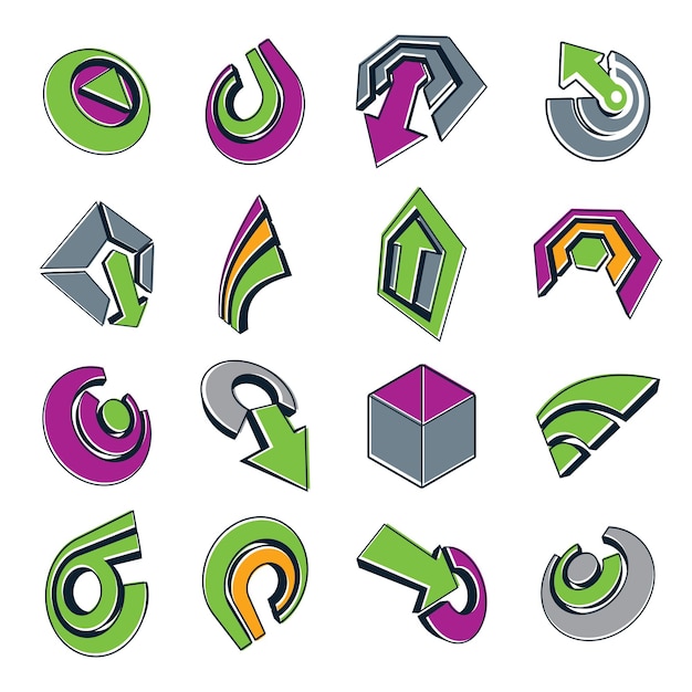 3d vector abstract shapes, different business icons and design elements collection. Geometric abstract arrows for use as navigation pictograms and app buttons.