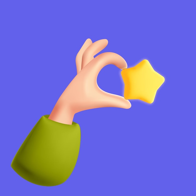 3d vector cartoon style hand holds yellow stars. Feedback or rating , good review, client service