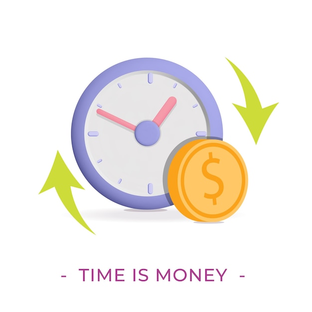 3d Vector clock with gold dollar coin icon illustration. time is money. Long financial investment