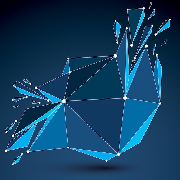 3d vector digital wireframe object broken into different particles and refractions, geometric polygonal structure with blue lines mesh. Low poly shattered shape with luminescent effect.