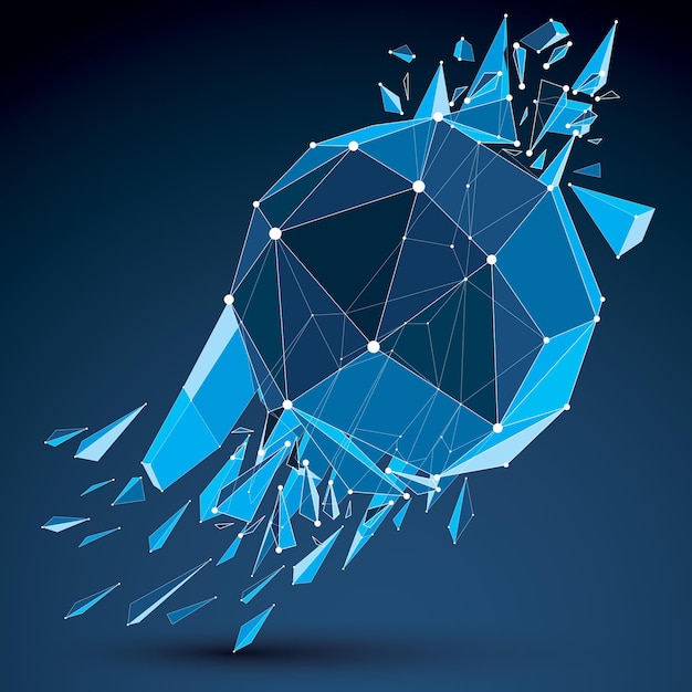 3d vector digital wireframe spherical object broken into different particles and fragments, geometric polygonal structure with white lines mesh. Low poly clear blue shattered shape, lattice form.