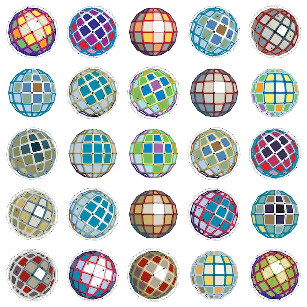 3d vector digital wireframe spherical objects made using different geometric facets. Polygonal orbs created with lines mesh. Low poly shapes collection, lattice forms for use in web design.