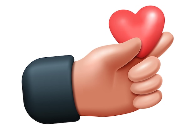 Vector 3d vector hand holding a red heart sign of love concept like emotional expression of respect and approval in the form of icon endearment illustration of feeling and gesture of affection