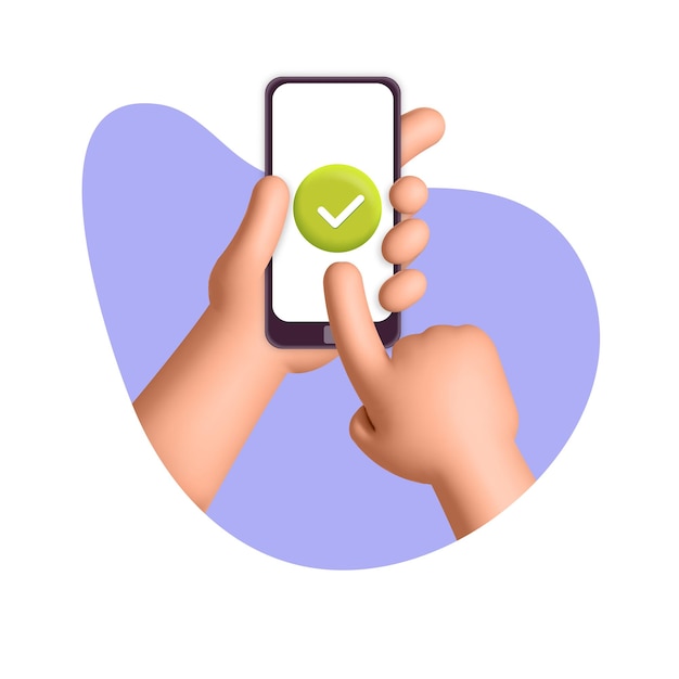 3d vector hands holding cell with green check mark mobile app  abstract shape design illustration