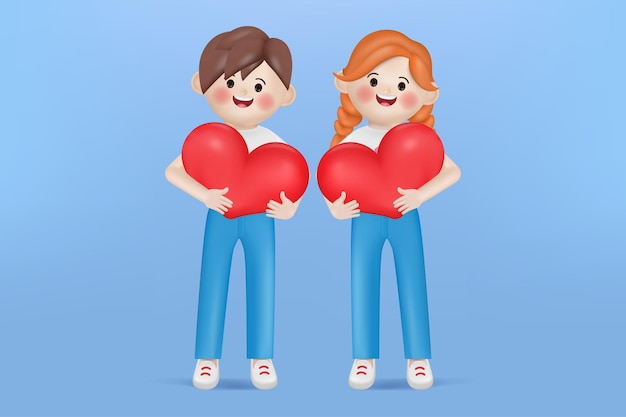 3d vector illustration cartoon cute woman and man character holding 3d heart symbol