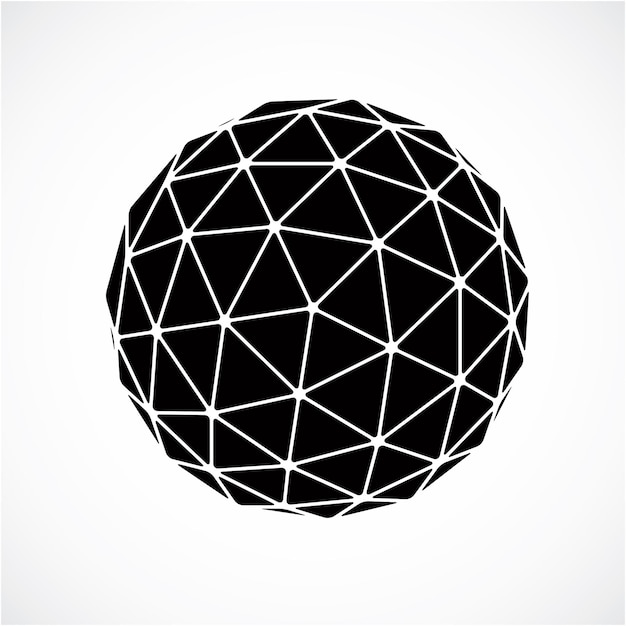 3d vector low poly black and white spherical object, perspective orb created with triangular facets. Abstract polygonal element for use as design structure on communication technology theme