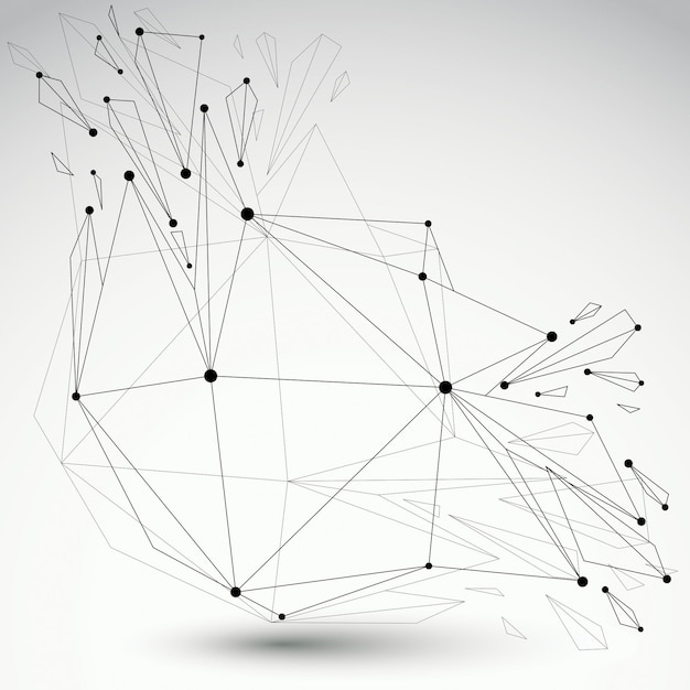 3d vector low poly object with black connected lines and dots, geometric wireframe contrast shape with refractions. Asymmetric perspective shattered form.