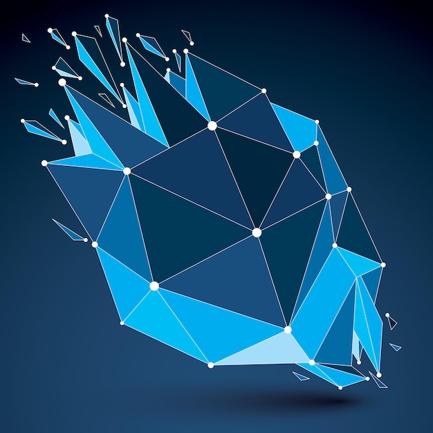 3d vector low poly object with blue connected lines and dots, geometric wireframe shape with refractions. Asymmetric perspective shattered form. Luminescent effect, communication technology.