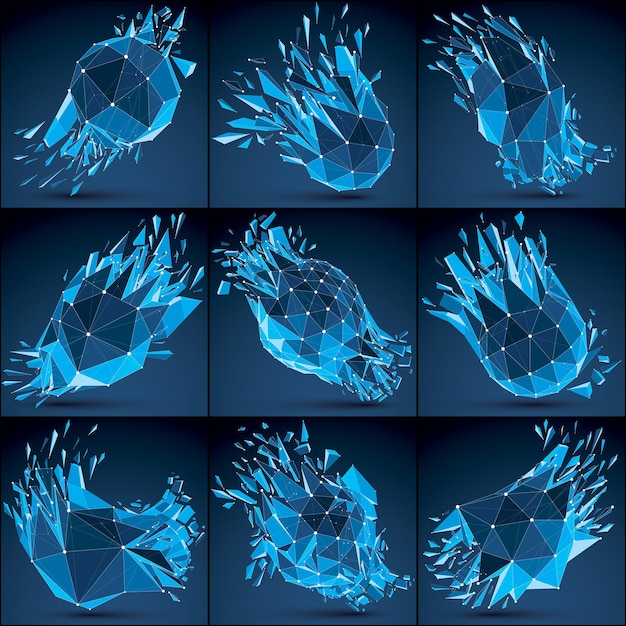 3d vector low poly objects with blue connected lines and dots, set of geometric wireframe shapes with refractions. Deformed perspective shattered forms. Luminescent effect, communication technology.