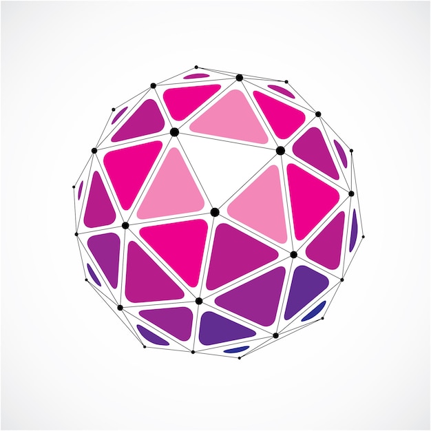 3d vector low poly spherical object with black connected lines and dots, geometric purple wireframe shape. Perspective orb created with triangular facets.