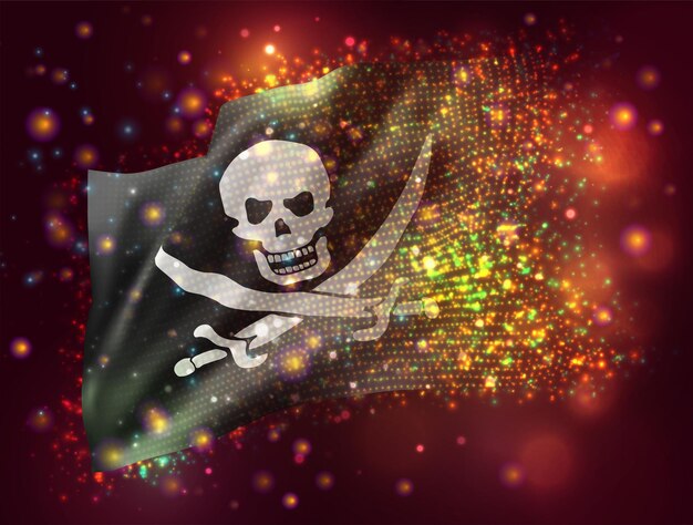 3d vector mesh flag of a pirate skull on a black background with lighting and flares