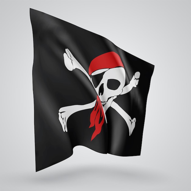 3d vector mesh flag of a pirate skull on a black background with waves in the wind.