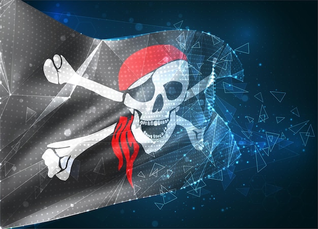 3d vector mesh flag of a pirate skull on a black, virtual abstract 3D object from triangular polygons on a blue background