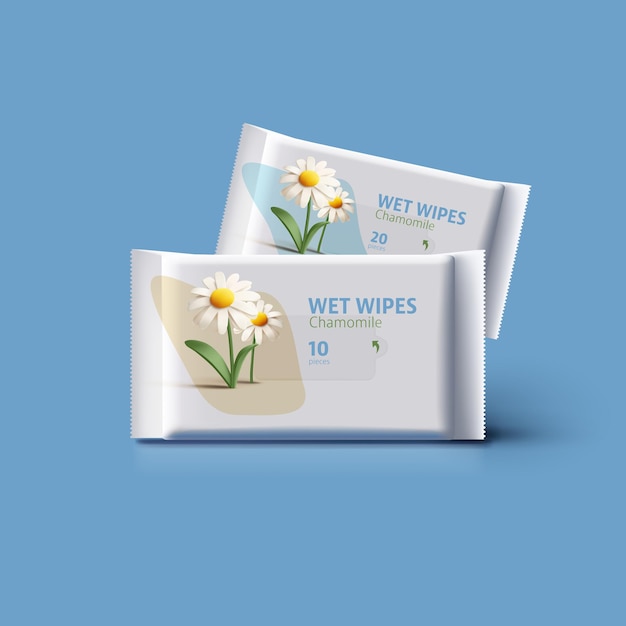 Vector 3d vector mock up for wet wipes pouch or pack chamomile scent 3d render flower illustration