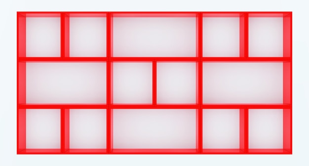 3D vector mockup of red empty cabinet with shelves on white wall