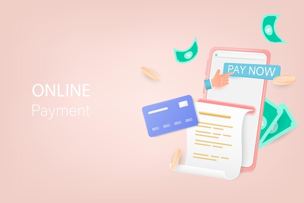 3d vector online payment concept Bill of expenses on mobile phone app Pay bills via mobile phone Online shopping spending Online shopping via smartphone 3D Vector Illustration