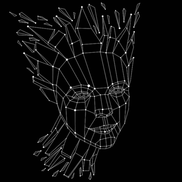 3d vector portrait created with lines mesh. Intelligence allegory, black and white low poly face with splinters which fall apart, head exploding with ideas, thoughts and imagination.