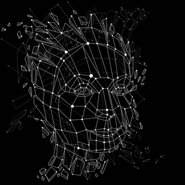 3d vector portrait created with lines mesh. Intelligence allegory, black and white low poly face with splinters which fall apart, head exploding with ideas, thoughts and imagination.