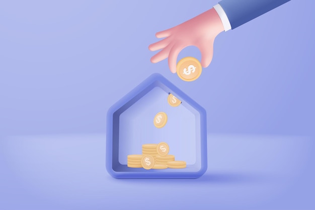 Vector 3d vector real estate and coin hand holding on pastel background money saving to loan house property concept of financial money investment stack of coins and a tiny house bank on blue background