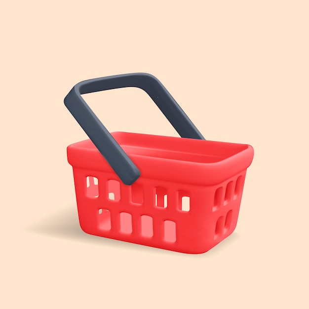 3d vector realistic render red shopping basket mockup design. Cartoon store cart side view icon