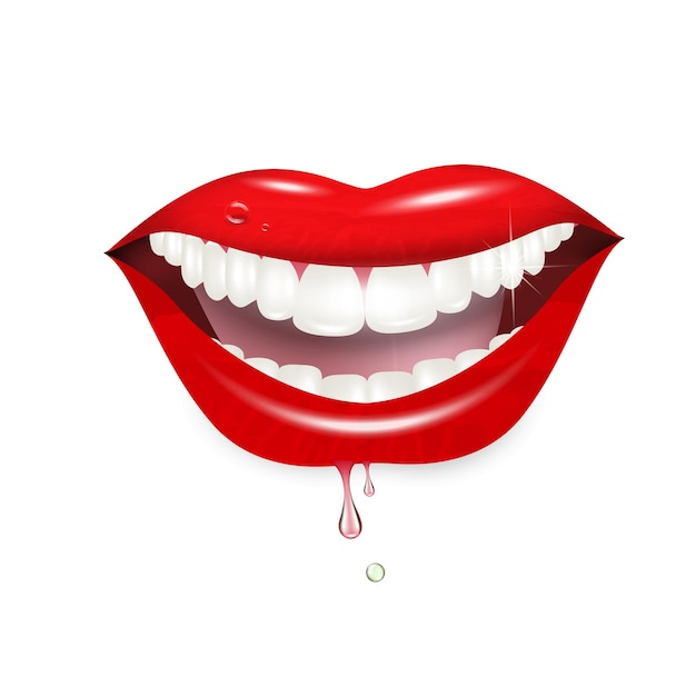 3D vector realistic smile with flowing moisture A shining mouth with white teeth and lips a model of a cheerful mood Vector beautiful smile on a white background