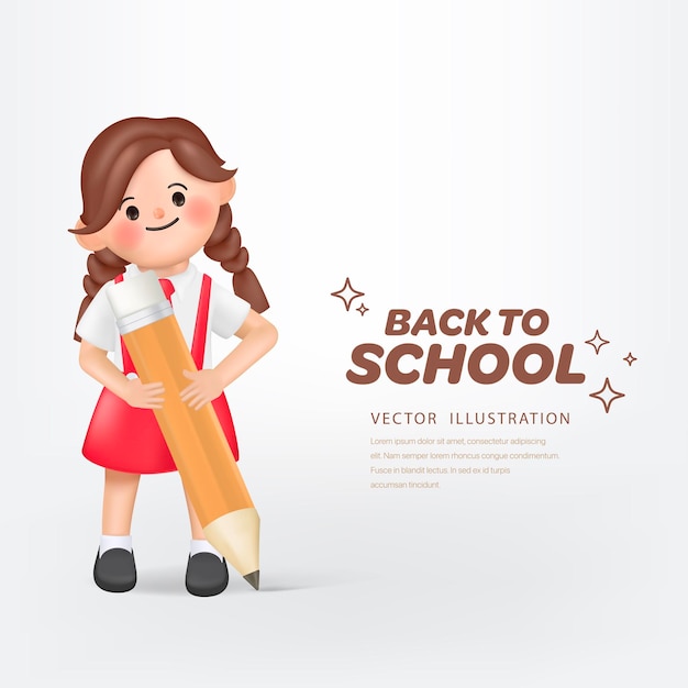 3D vector Students girl Back to school writing with pencil character. Vector in 3d rendering style.