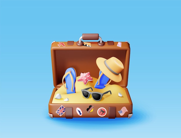 3d vintage suitcase with tropical beach inside