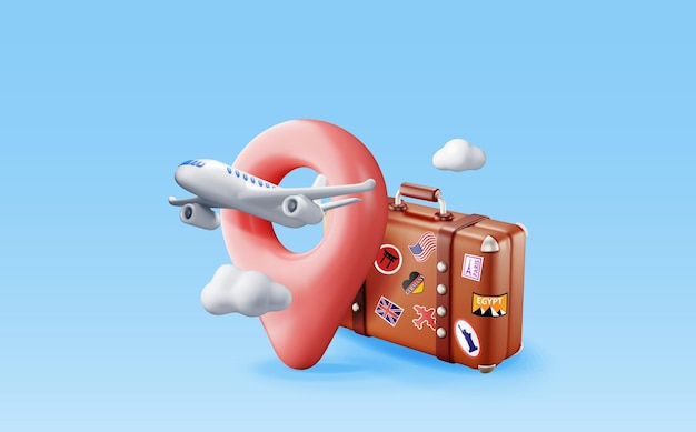 3d vintage travel bag location pin and airplane