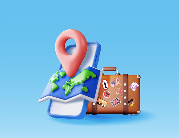 3D vintage travel bag world map and pin in phone