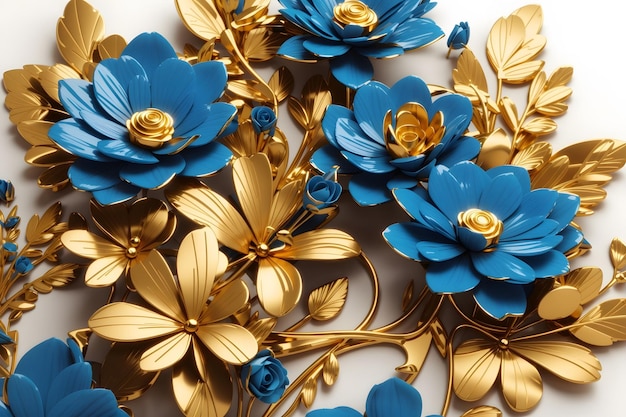 3d wallpaper gold and blue flowers