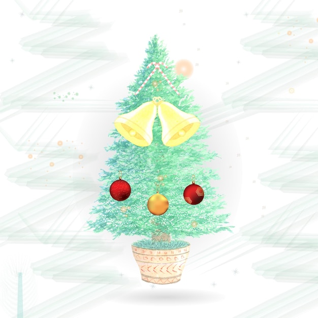 3d watercolor glowing Christmas tree decoration with Christmas ball, bell, Christmas candy