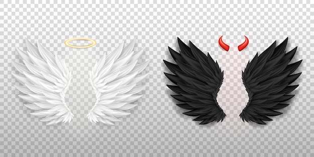 3D white angel wings with golden nimbus, halo and black devil wings with red daemon horns