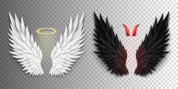 3D white angel wings with golden nimbus, halo and black devil wings with red daemon horns