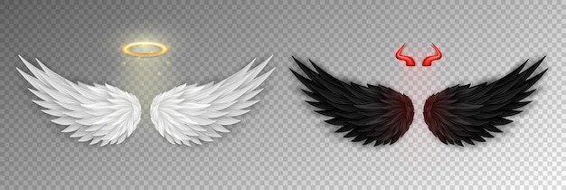 3D white angel wings with golden nimbus, halo and black devil wings with red daemon horns