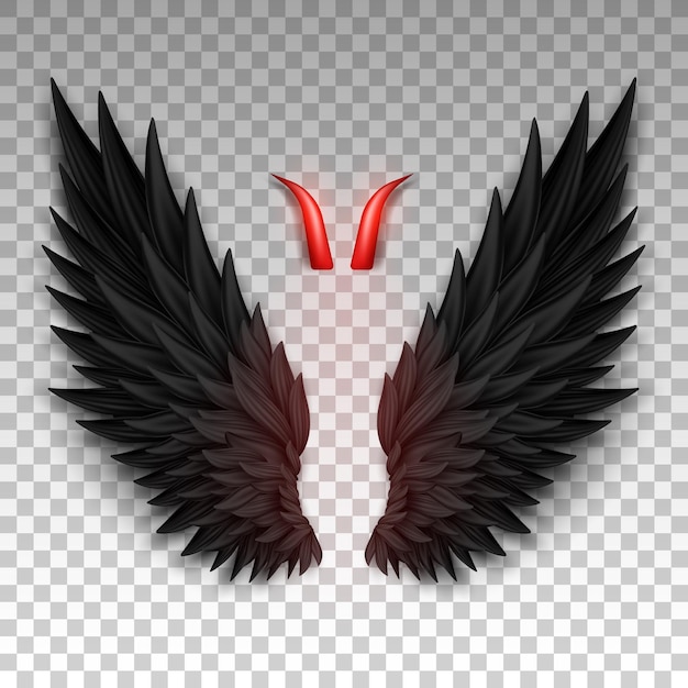 3D white angel wings with golden nimbus, halo and black devil wings with red daemon horns