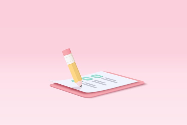 3d white clipboard task management todo check list with pencil efficient work on project plan fast progress level up concept assignment and exam checklist icon 3d vector render on pink background