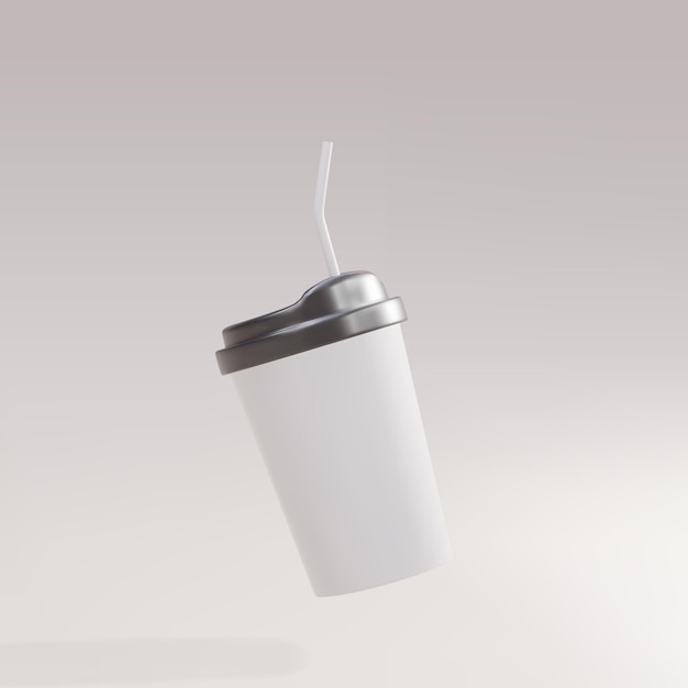 3D white paper coffee cup with a straw on a grey background