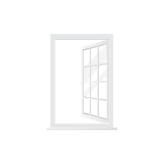 Vector 3d window with white frame open one sash divided into square sections