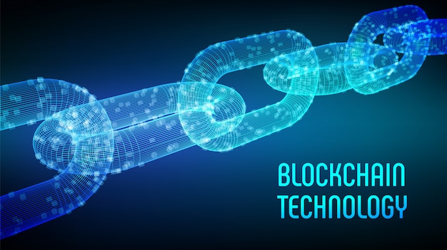 3D wireframe chain with digital blocks. Blockchain concept.