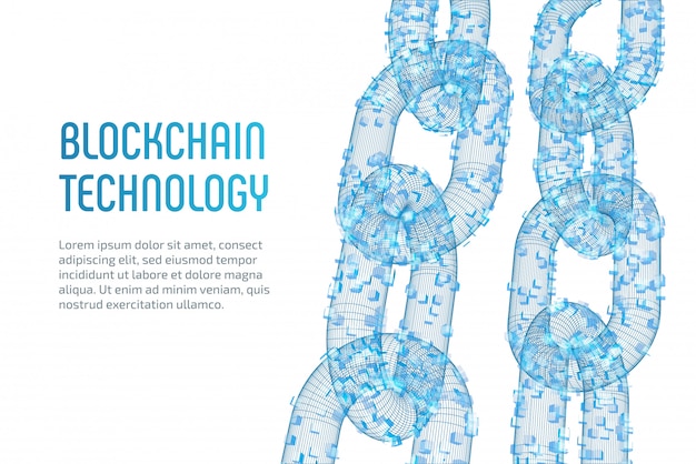 3D wireframe chain with digital blocks. Blockchain concept.