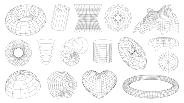 Vector 3d wireframe shapes brutal perspective grid