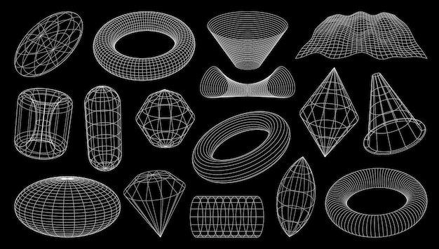 Vector 3d wireframe shapes brutal tech grids retro mesh