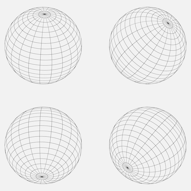 3D Wireframe sphere collection globe or ball in circle net wire Retro futuristic aesthetic geometry wireframe shapes grid