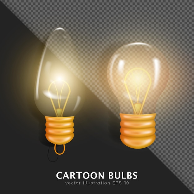 3d yellow glowing incandescent bulbs. Vector cartoon transparent switched on garland and Edison bulb