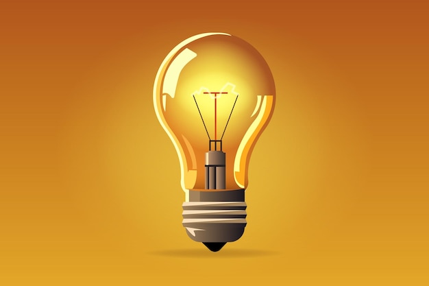 3d yellow light bulb icon isolated on orange background Render cartoon style minimal yellow transparent glass light bulb