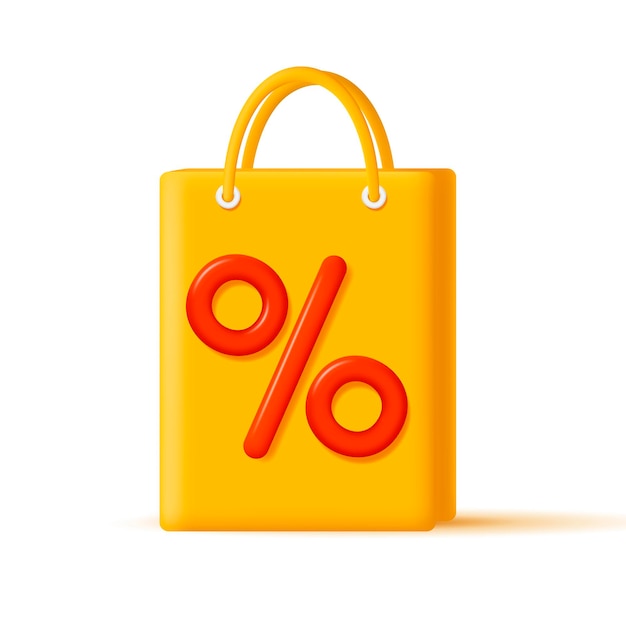 3d yellow shopping bag with big red percent sign modern icon design