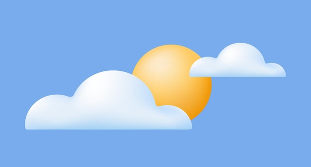 3d yellow sun with clouds on blue background