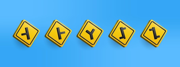 3D yellow Warning traffic sign icon collection set Vector Illustration of directions traffic sign