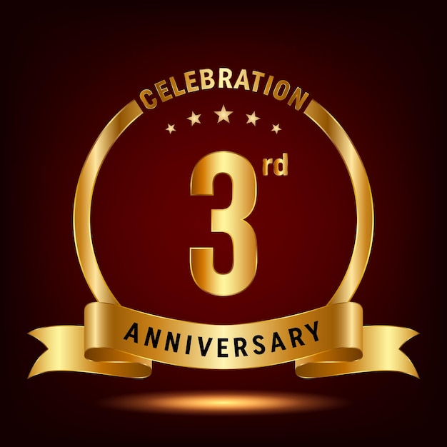 3rd Anniversary Celebration logo design with ring and gold ribbon Logo Vector Template