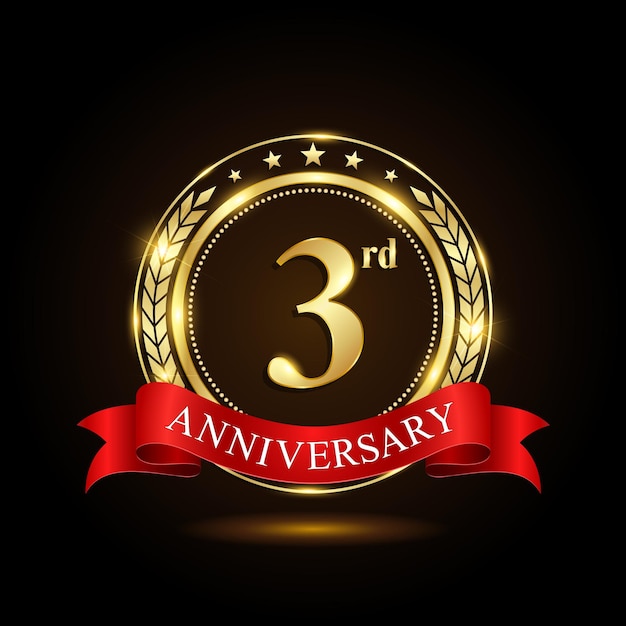 3rd golden anniversary logo with shiny ring and red ribbon Laurel wrath isolated on black background vector design